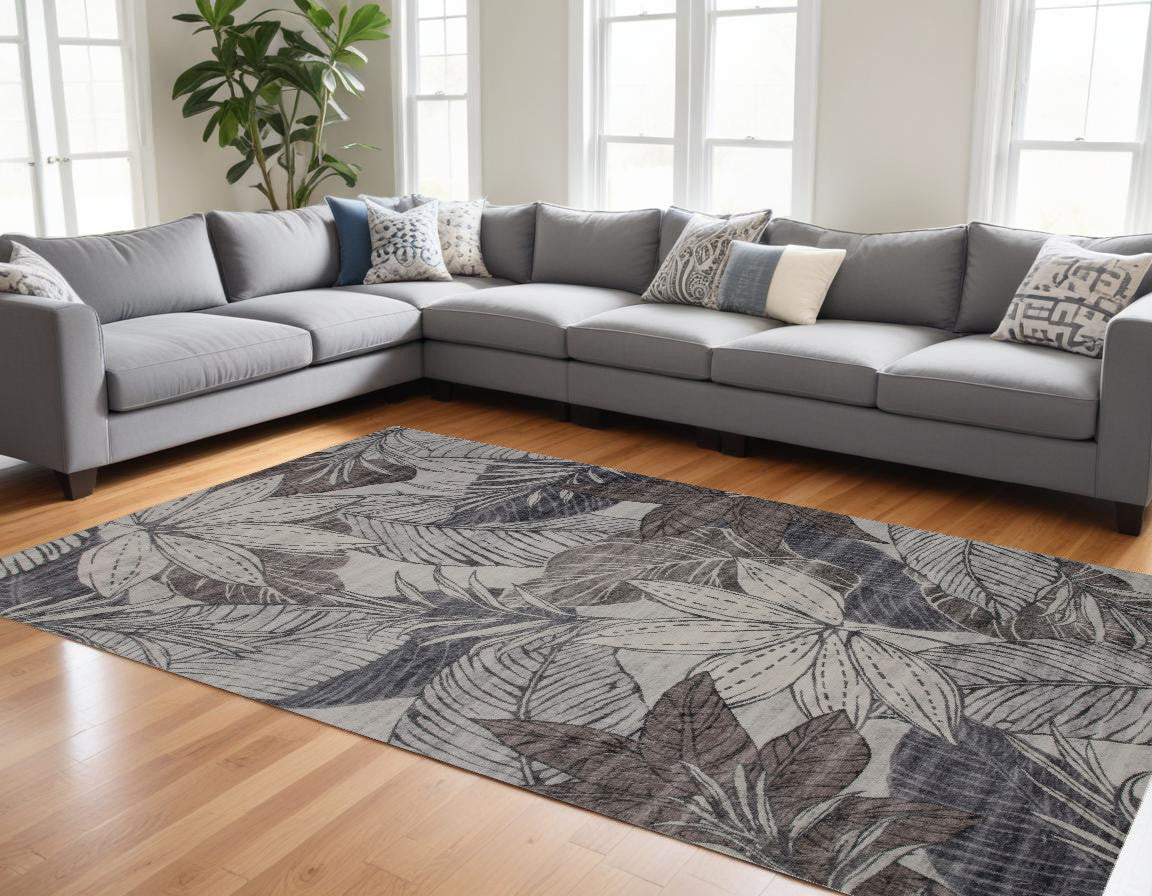 8' X 11' Gray and Brown Floral Distressed Area Rug