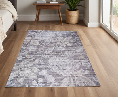 4' X 6' Gray and Beige Floral Area Rug