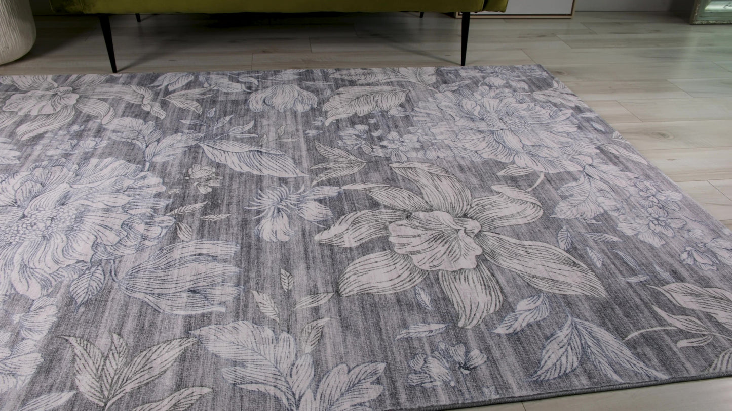 7' X 10' Gray and White Floral Area Rug