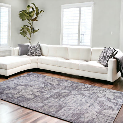 7' X 10' Gray and White Floral Area Rug