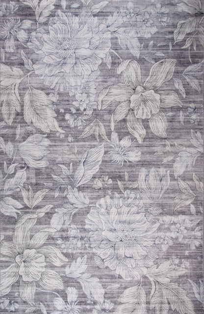 7' X 10' Gray and White Floral Area Rug