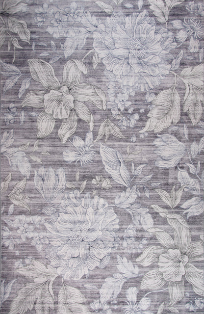 7' X 10' Gray and White Floral Area Rug