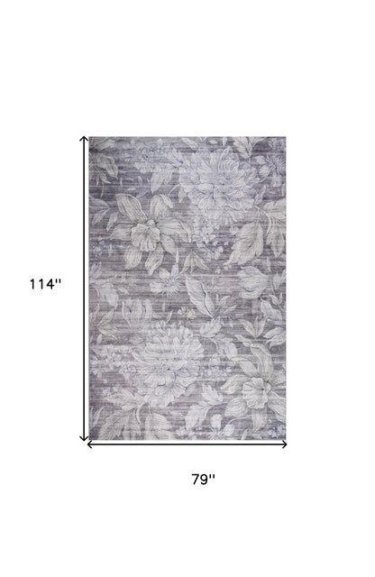 7' X 10' Gray and White Floral Area Rug