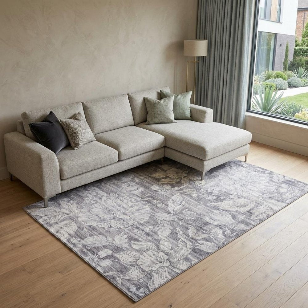 7' X 10' Gray and White Floral Area Rug