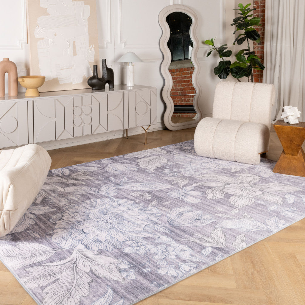 7' X 10' Gray and White Floral Area Rug