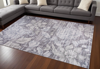 8' X 11' Gray and Ivory Floral Distressed Area Rug