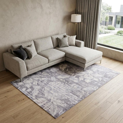 8' X 11' Gray and Ivory Floral Distressed Area Rug