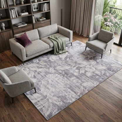 8' X 11' Gray and Ivory Floral Distressed Area Rug
