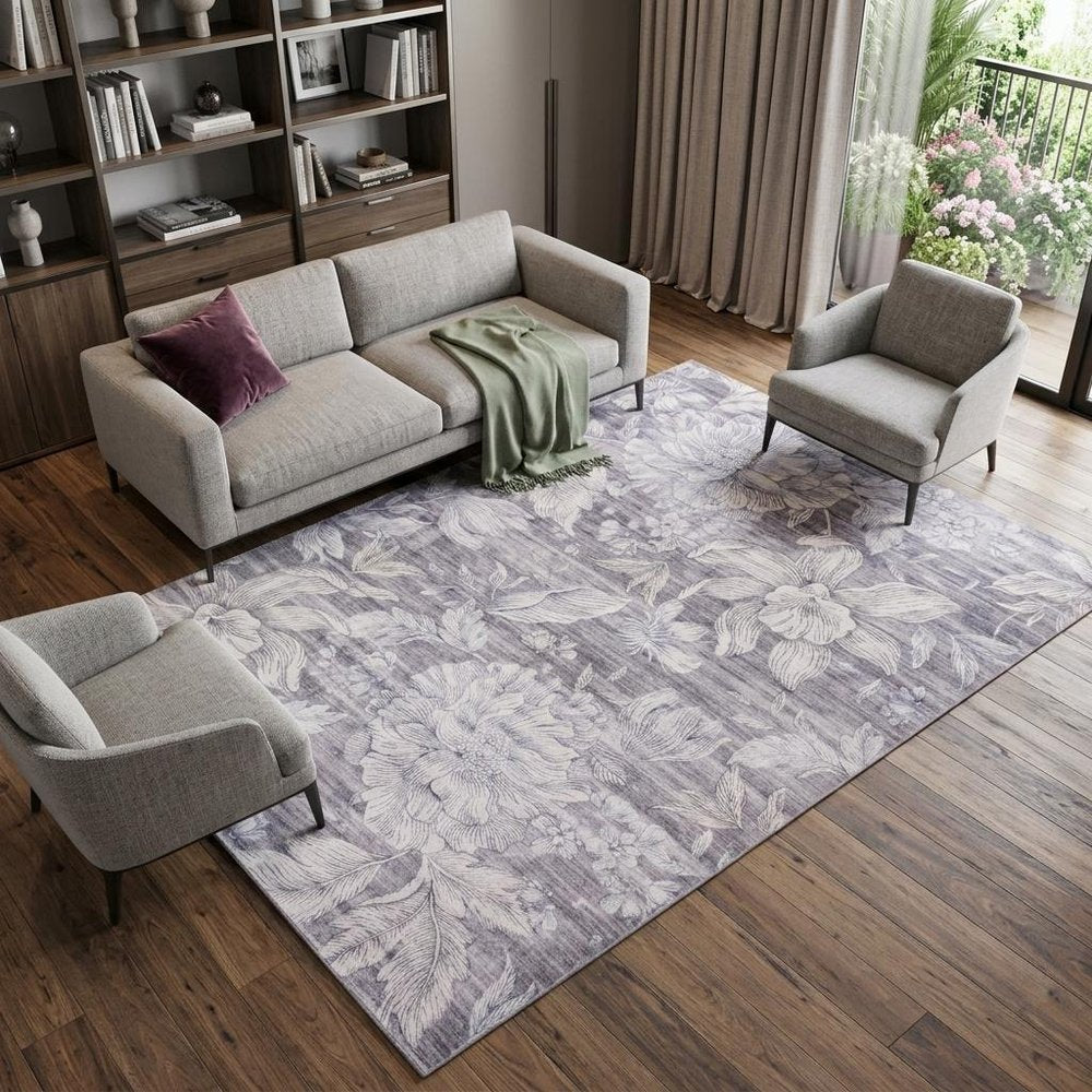 8' X 11' Gray and Ivory Floral Distressed Area Rug