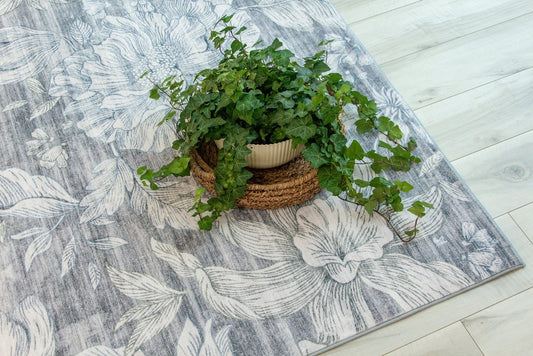 8' X 11' Gray and Ivory Floral Distressed Area Rug