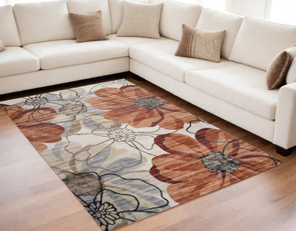 5' X 8' Red and Beige Floral Distressed Area Rug