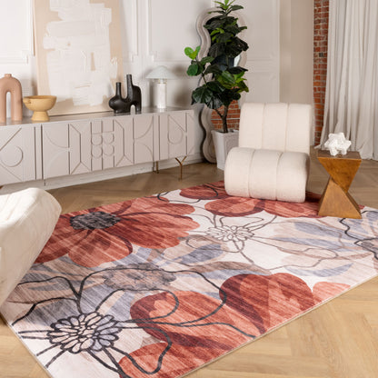 5' X 8' Red and Beige Floral Distressed Area Rug