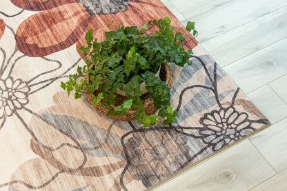 5' X 8' Red and Beige Floral Distressed Area Rug