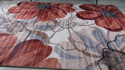 5' X 8' Red and Beige Floral Distressed Area Rug