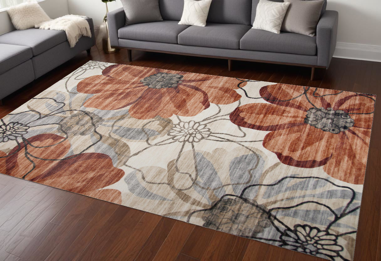 7' X 10' Red and Beige Floral Distressed Area Rug