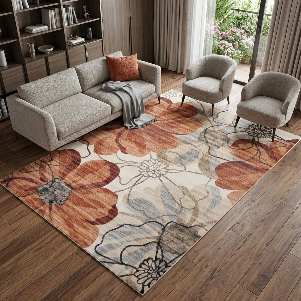 7' X 10' Red and Beige Floral Distressed Area Rug