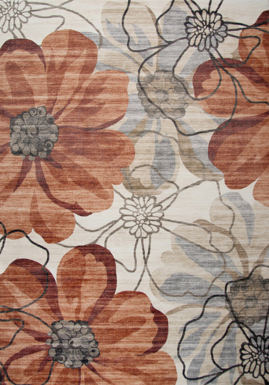 7' X 10' Red and Beige Floral Distressed Area Rug