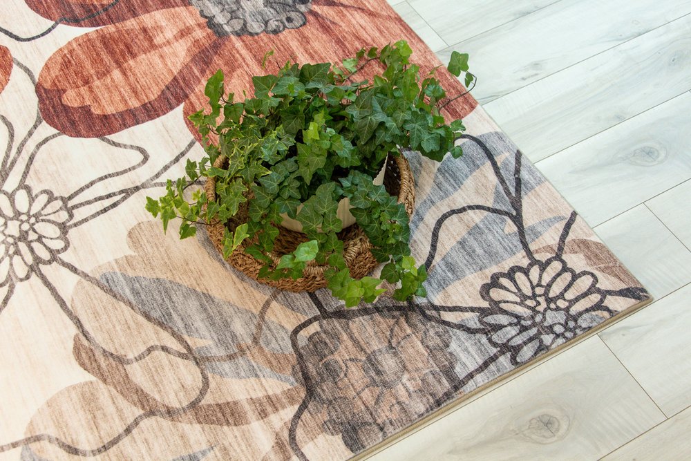 7' X 10' Red and Beige Floral Distressed Area Rug