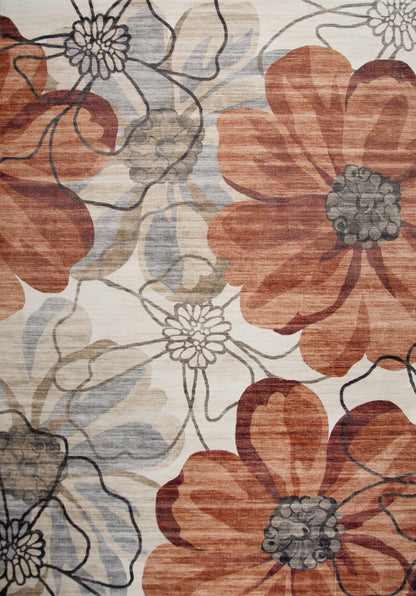 7' X 10' Red and Beige Floral Distressed Area Rug