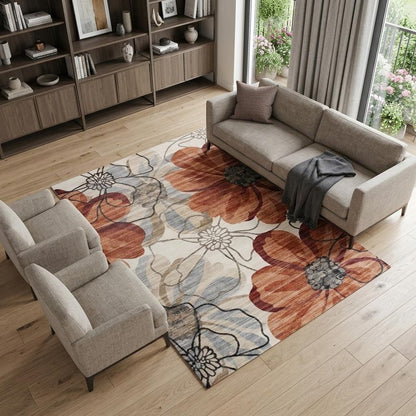 8' X 11' Red and Beige Floral Distressed Area Rug