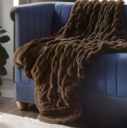 60" X 50" Brown Knitted Faux Fur Throw Blanket