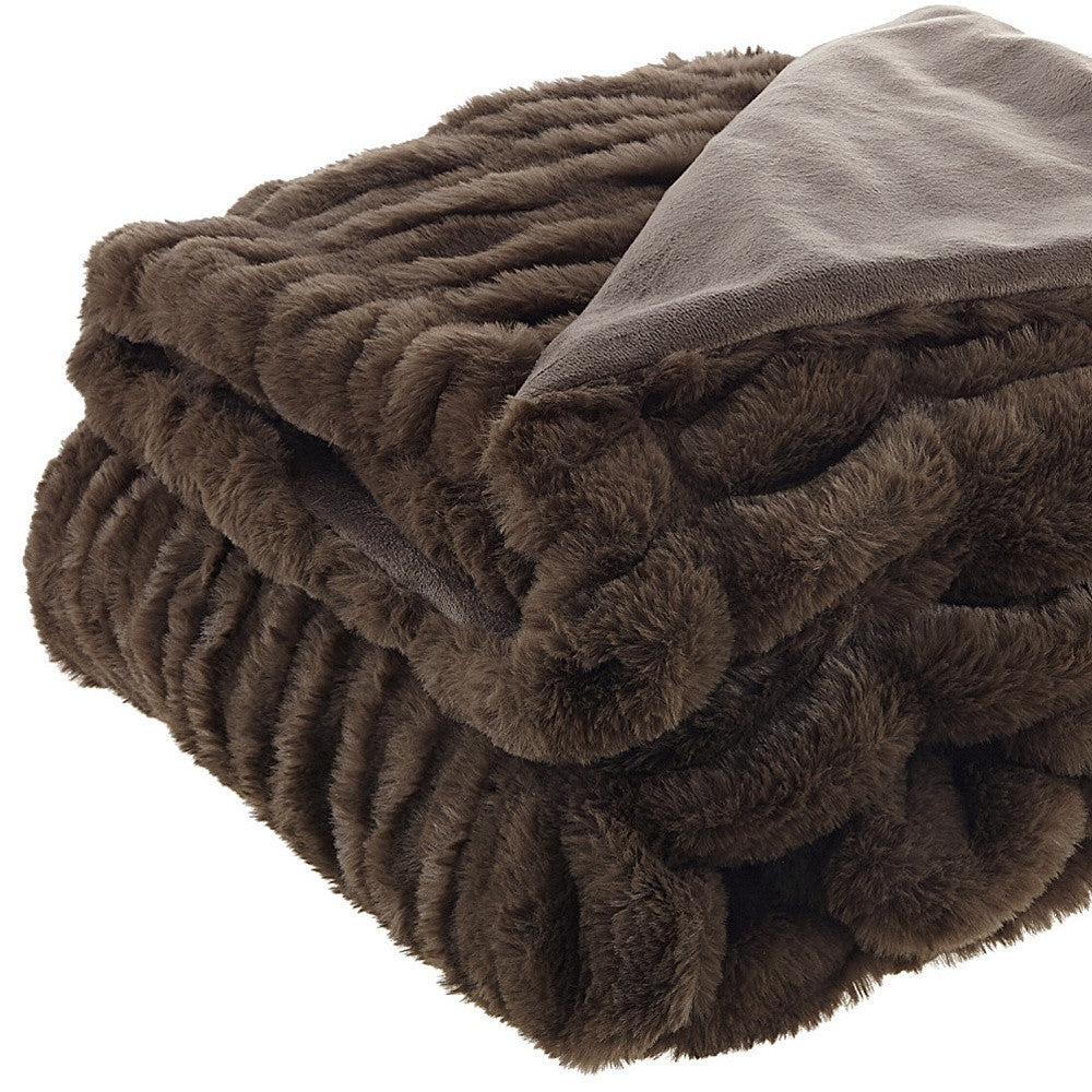 60" X 50" Brown Knitted Faux Fur Throw Blanket