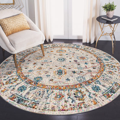 7' Orange and Ivory Floral Power Loom Round Rug