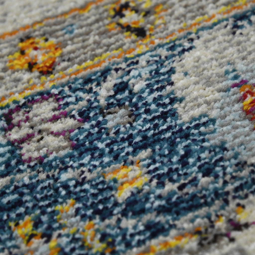 8' Blue and Orange Floral Power Loom Runner Rug