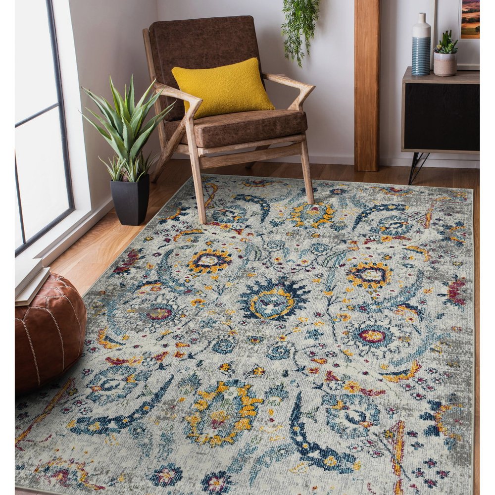 8' Gray Blue And Orange Area Rug