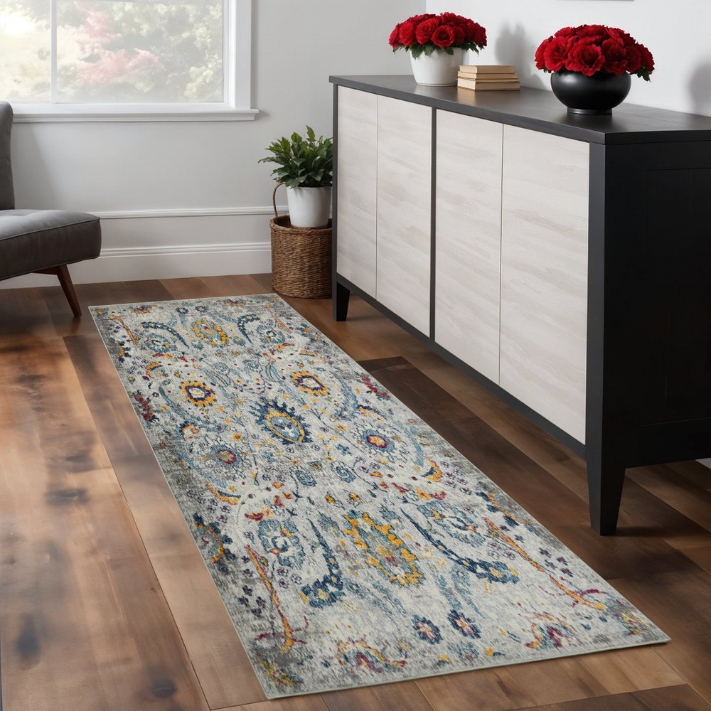 9' X 12' Gray Blue And Orange Area Rug