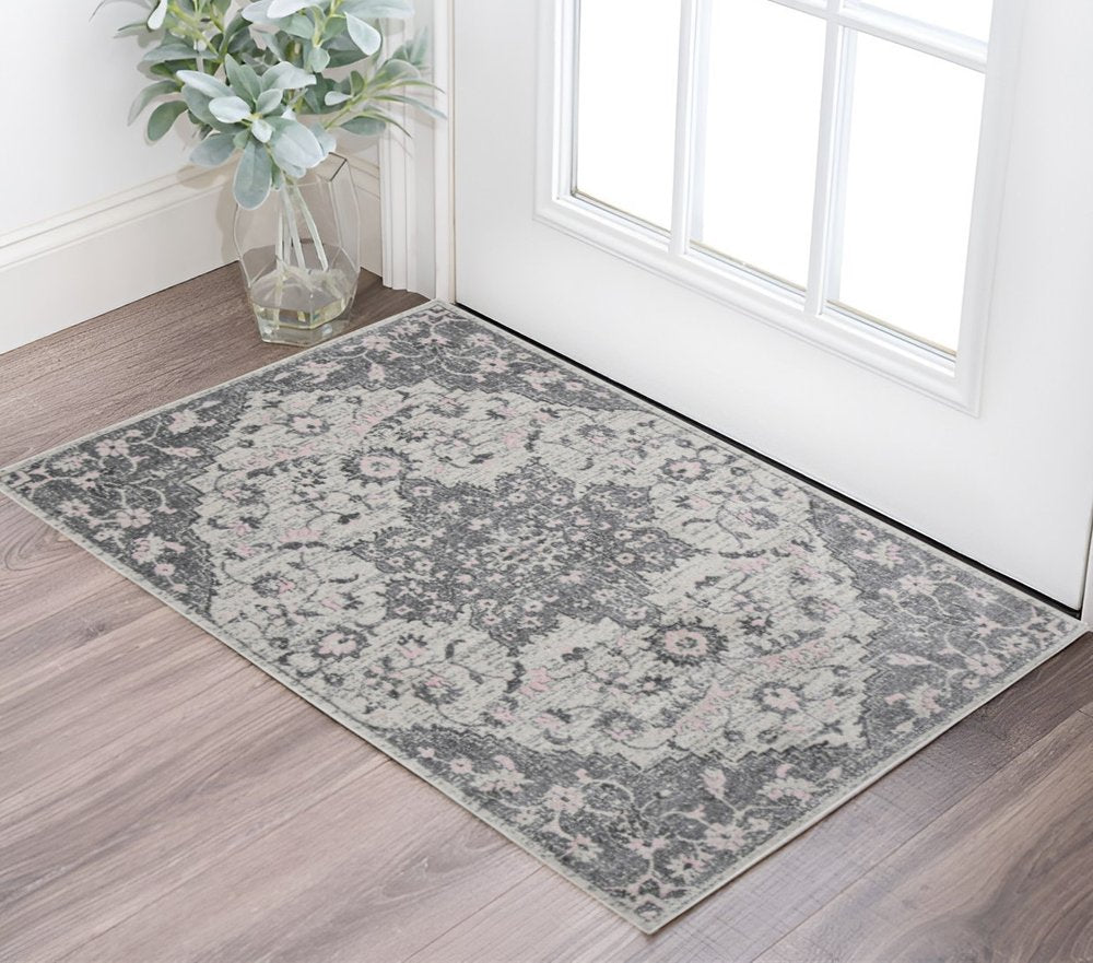 8' Gray And Dark Gray Medallion Runner Rug