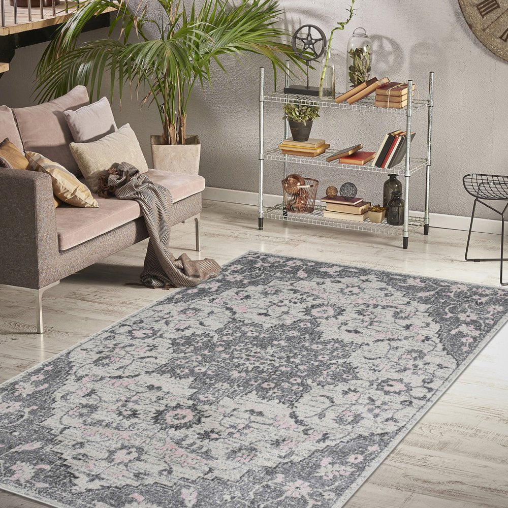 8' Gray And Dark Gray Medallion Runner Rug