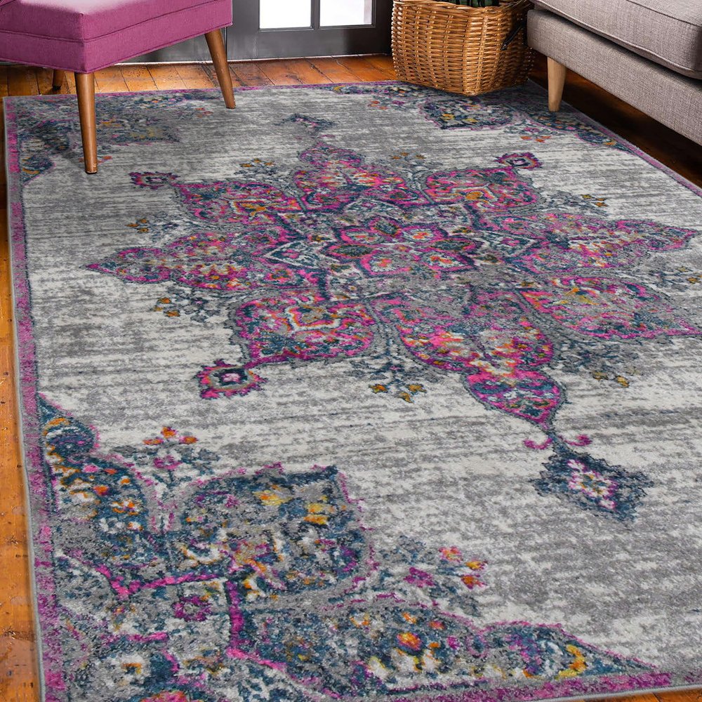 8' X 11' Pink Gray And Blue Area Rug