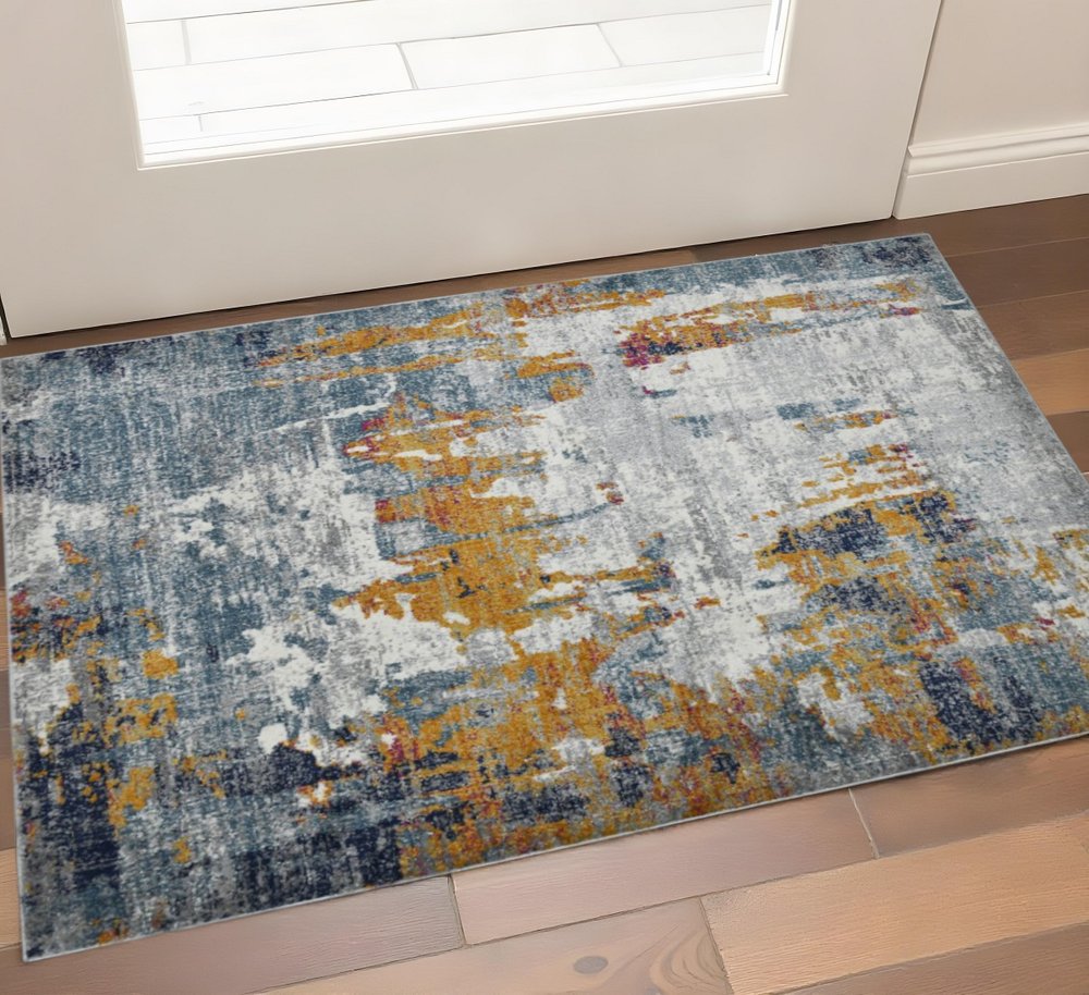 2' X 3' Blue Orange And Gray Area Rug