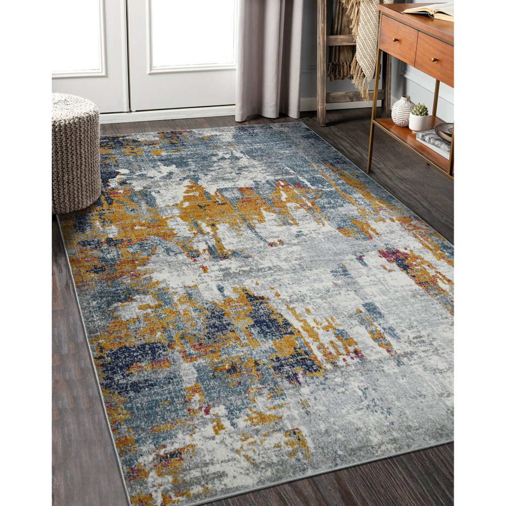 8' X 8' Blue Orange And Gray Area Rug