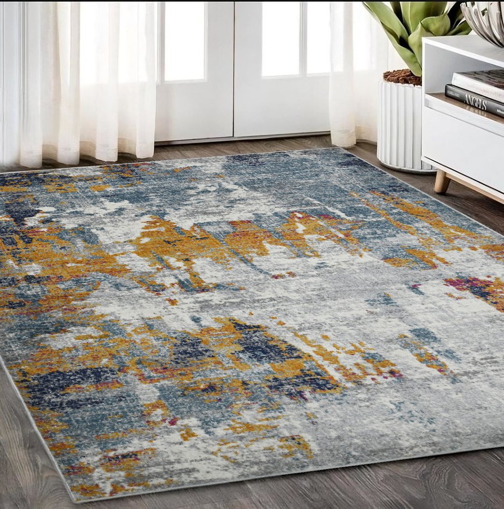 2' X 3' Blue Orange And Gray Area Rug