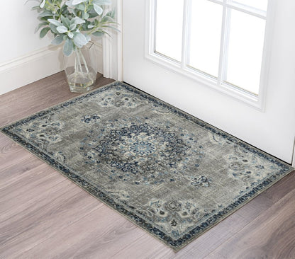 2' X 3' Teal Gray And Ivory Area Rug