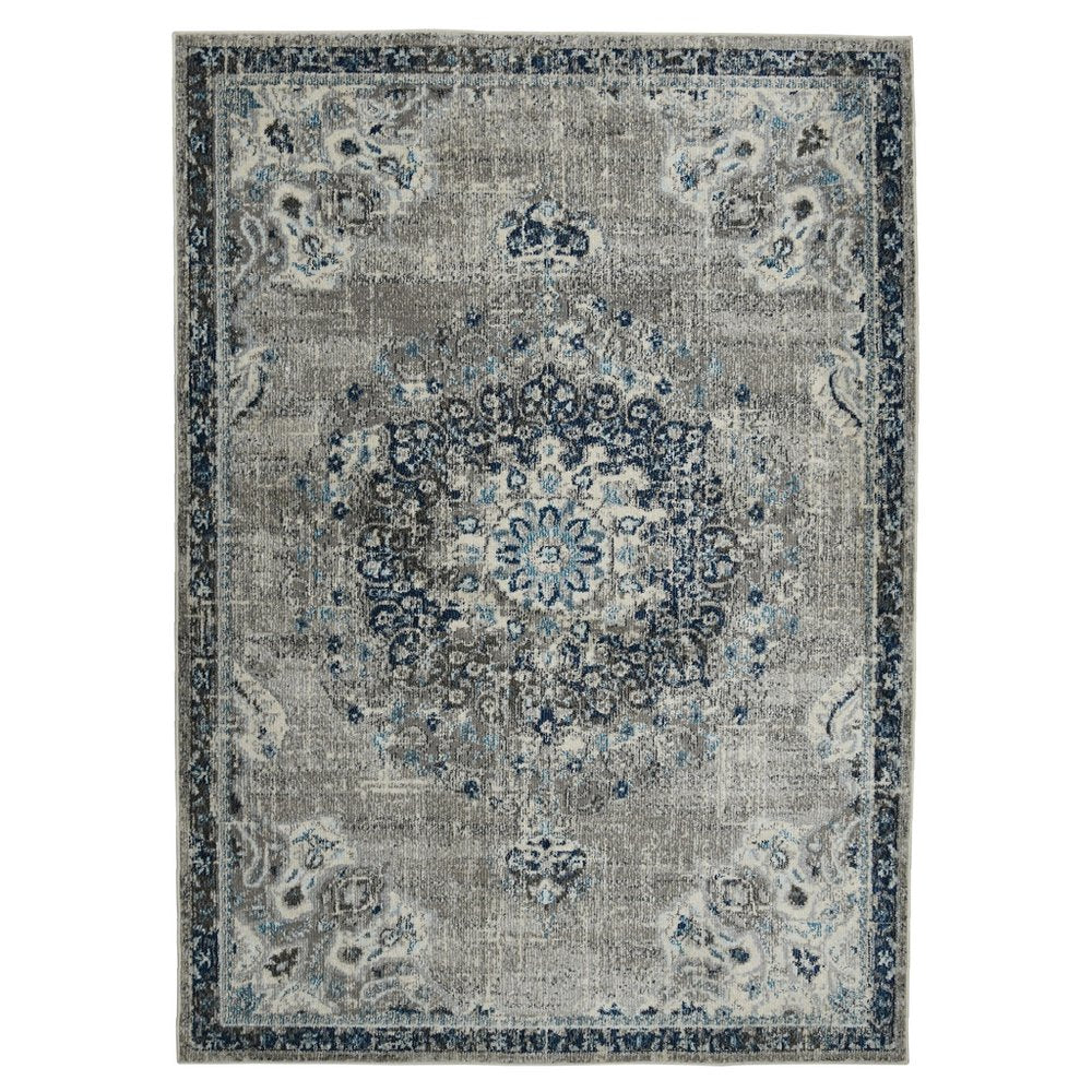 9' X 12' Teal Gray And Ivory Area Rug