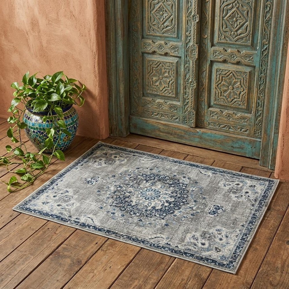 2' X 3' Teal Gray And Ivory Area Rug