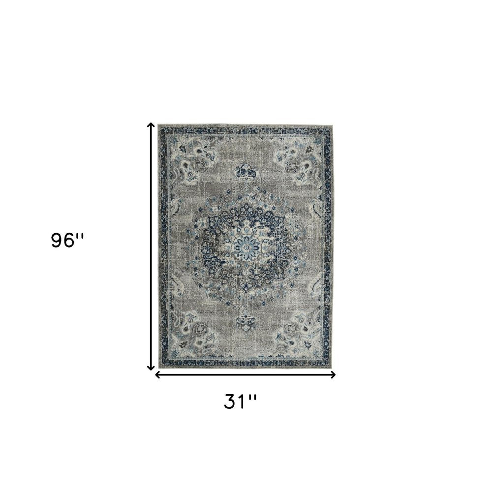 2' X 3' Teal Gray And Ivory Area Rug