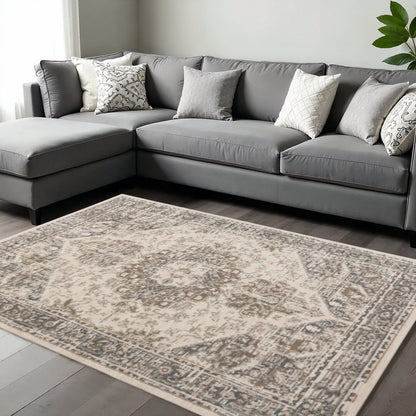 10' Gray And Beige Medallion Runner Rug