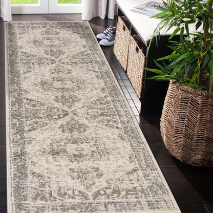 10' Gray And Beige Medallion Runner Rug