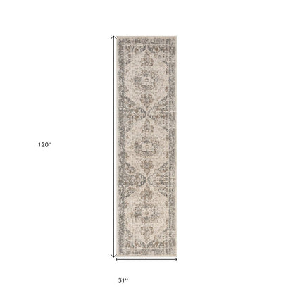 10' Gray And Beige Medallion Runner Rug