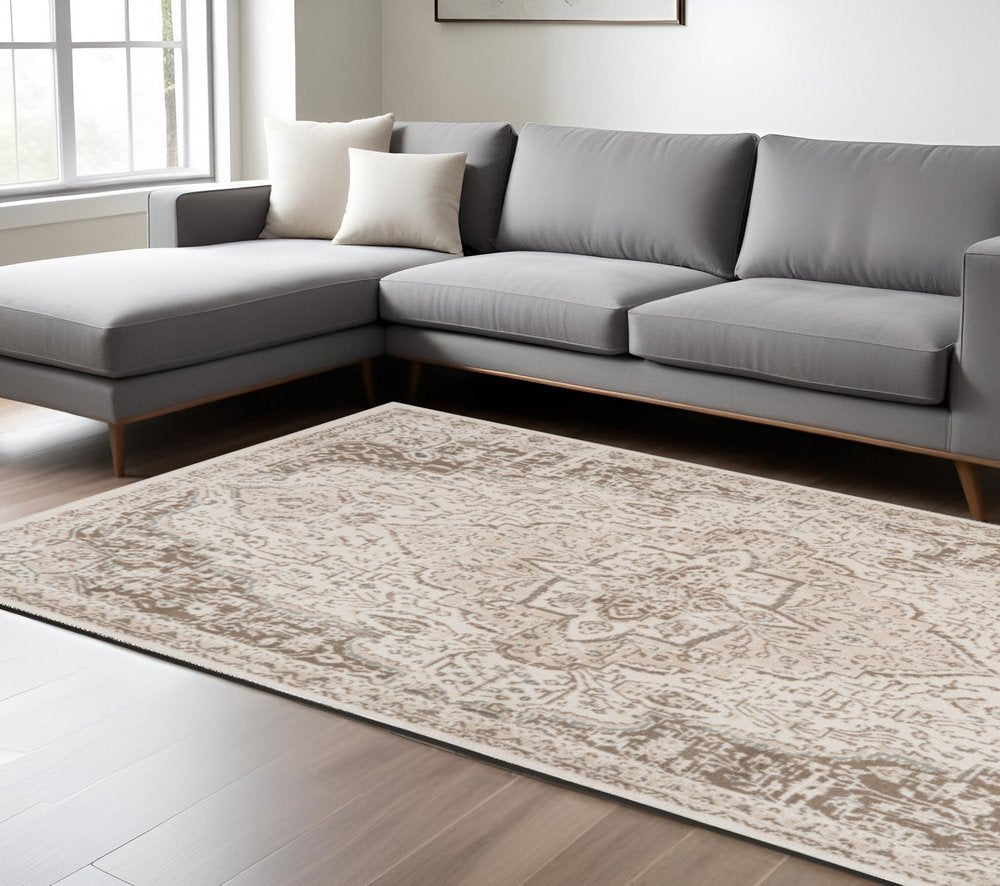 10' Cream And Brown Medallion Runner Rug