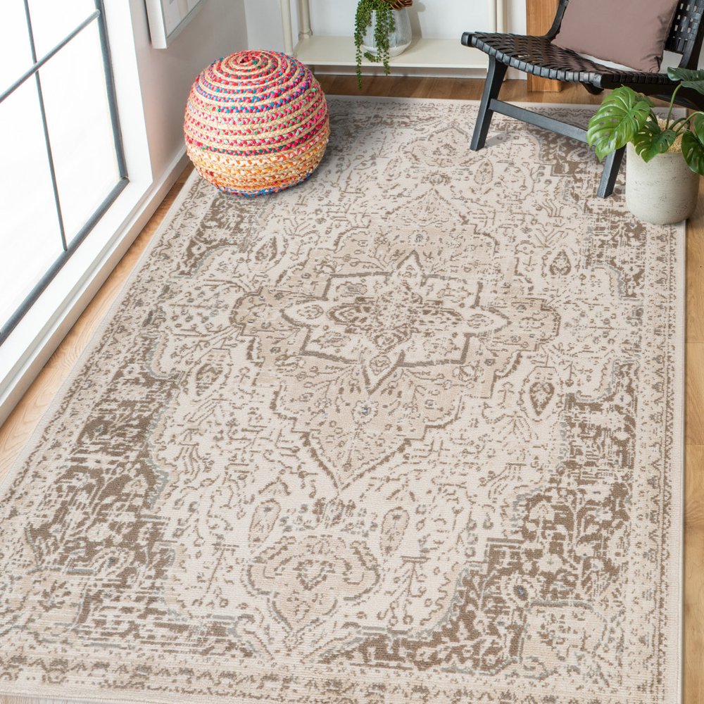10' X 14' Cream And Brown Medallion Area Rug
