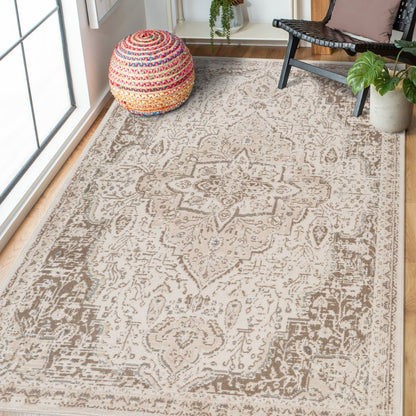 10' X 14' Cream And Brown Medallion Area Rug