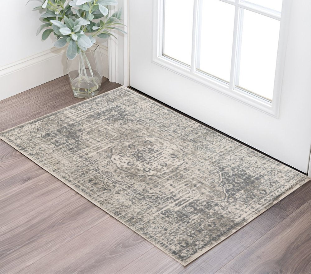 10' X 14' Gray And Ivory Medallion Area Rug