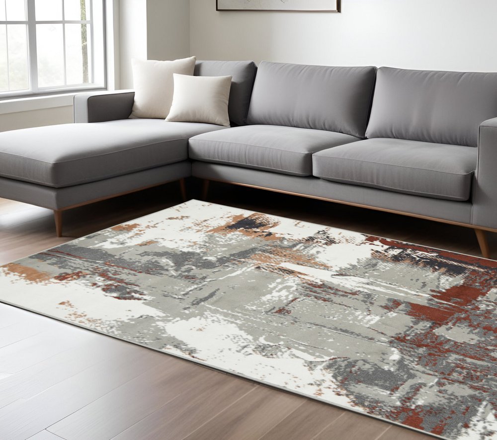 2' X 3' Ivory Gray and Rust Abstract Power Loom Area Rug