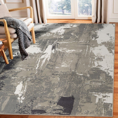 8' X 10' Ivory Black and Gray Abstract Power Loom Area Rug