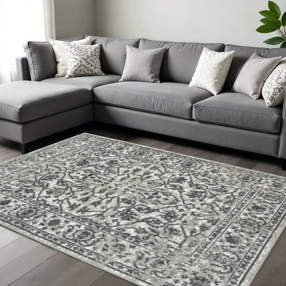 10' X 14' Ivory Light Gray And Dark Gray Floral Area Rug